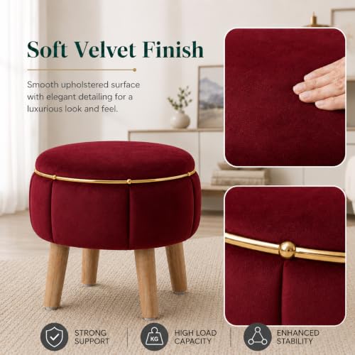 Image of Velvet Upholstered Round Ottoman Footstool | Anti-Slip Feet | Multipurpose Footrest, Step Stool & Vanity Seating & Decor | 40 x 30 cm (16 x 12 Inch) | Maroon