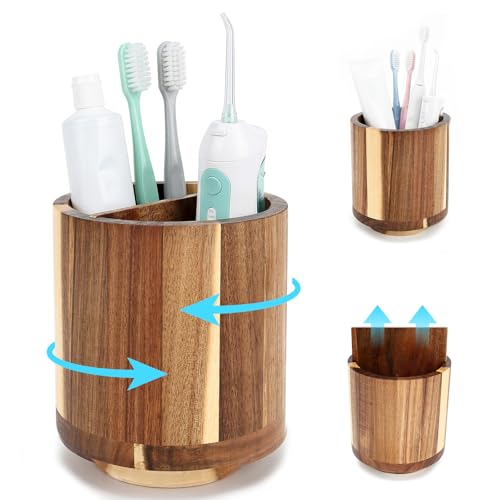 Toothbrush Holders for Bathrooms, Acacia Wood Bathroom Counter Organizer with Vent Hole, 360° Rotating Utensil Holder for Countertop Farmhouse Kitchen Bathroom
