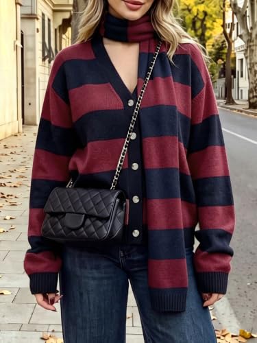 Womens Stripe Long Sleeve Cardigan Sweaters with Scarf - image 4