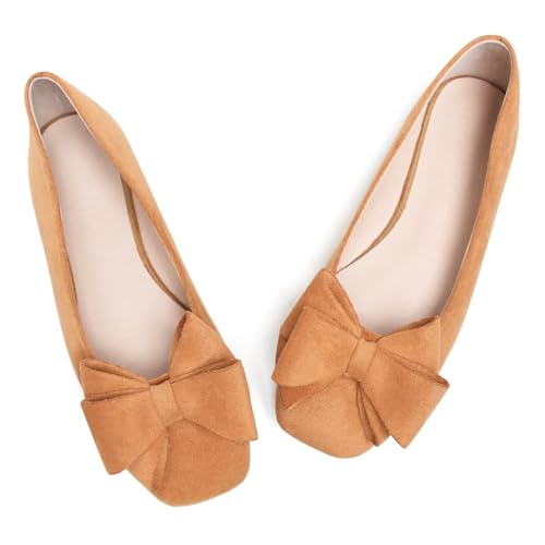 LUXINYU Women's Slip on Flats,Square Toe Solid Classic Shallow Bow Knot Ballet Dance Shoes Soft Comfortable Suede Work Flat Shoes