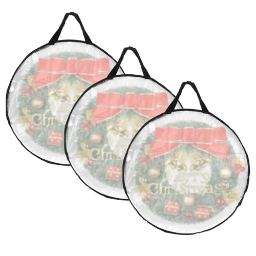 Kokone Pack of 3 Round Wreath Storage Bag, Clear Christamas Wreath Storage Organizer with Handle, 24 Inches Dual Zippered Wreath Bag for Festival Wreath Protector for Decoration, Black