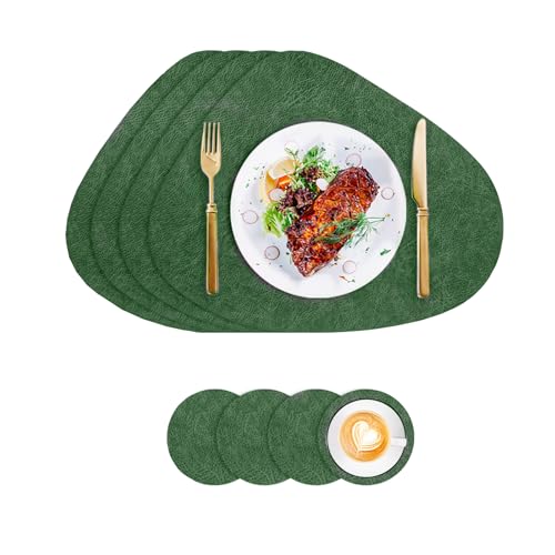 Manteles Individuales Lavables, Manteles de Individuales Redondos y Posavasos de Cuero, Salvamanteles Individuales Antimanchas de Antideslizantes (Verde-Gris)