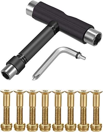 Skateboard Hardware 8PCS Bolts Set and All-in-One Skate Tools Portable Skateboard T Accessory with Tool L-Type Phillips Head Wrench Screwdriver