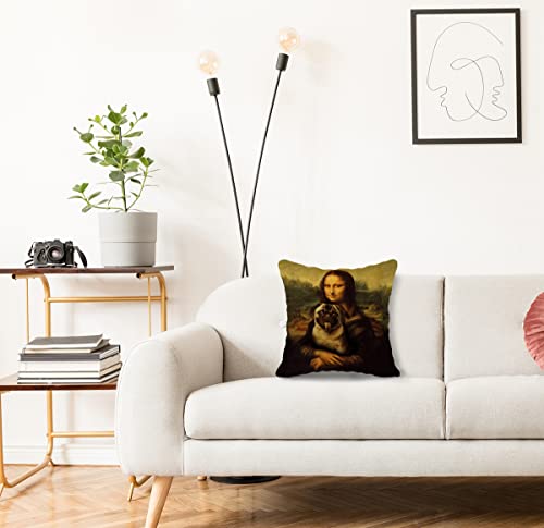 Fulsoe Funny Mona Lisa And A Pug Decorative Throw Pillow Case Cover 18"X18",Funny Pug Puppy Dog Decorations For Home Bedroom Girls Room Office,Pug Owners Moms Gift,Dog Lovers Gift #TOP2
