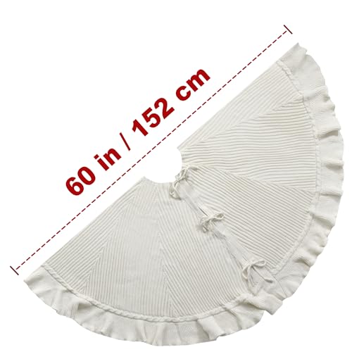 60-Inch-Ruffled-Sweater-Knit-Christmas-Tree-Skirt-with-Lace-Ties-Cream-White 60 Inch Ruffled Sweater Knit Christmas Tree Skirt with Lace Ties Cream White