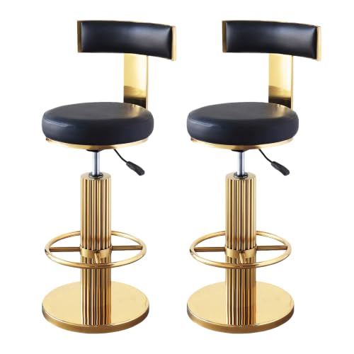 Image of FUNROLUX Adjustable Swivel Bar Stools Set 2 Kitchen Counter Height Stools | 360 Swivel, 25.6 inch-29.5 inch Adjustable, Leather Thick Cushion, Stainless Steel Frame, 350 lbs Capacity, Gold