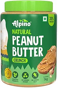 ALPINO Natural Peanut Butter Crunch 1kg - 100% Roasted Peanuts - 30g Protein, No Added Sugar & Salt, non-GMO, Gluten Free, Vegan Plant Based, Unsweetened Peanut Butter Crunchy