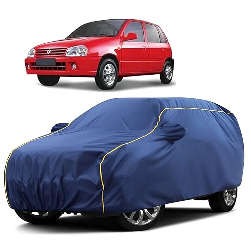 Image of Sulfar 100% Water Resistant Car Body Cover Compatible with Mirror for Maruti Suzuki Zen (Triple Stitched, Full Bottom Elastic, Blue Taffeta with Yellow Piping)