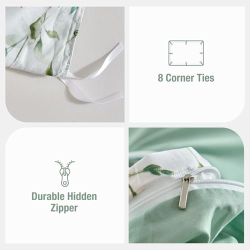 Image of Lekesky Duvet Cover King Size, Reversible Botanical Floral Duvet Cover Set with Zipper Closure, 3 Pieces Soft Microfiber Green Bedding Set (1Duvet Cover 104 inchx90 inch, 2 Pillowcases 20 inchx36 inch)