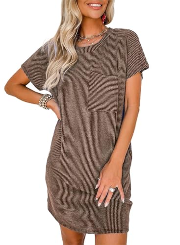 Image of Acelitt Womens Casual Summer Crewneck Short Sleeve Ribbed Mini Tshirt Dress, XS-3XL