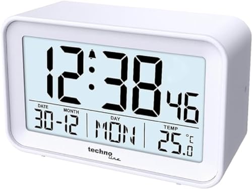 Technoline WT497 moderner, digitaler Wecker, Innentemperatur, Datum, Wochentag, Alarm und Snooze, weiß