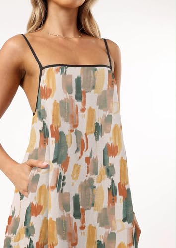Image of Senllen Women's Linen Dress Summer Loose Flowy Sundress Contrast Spaghetti Strap Sleeveless Backless Beach Maxi Long Dresses