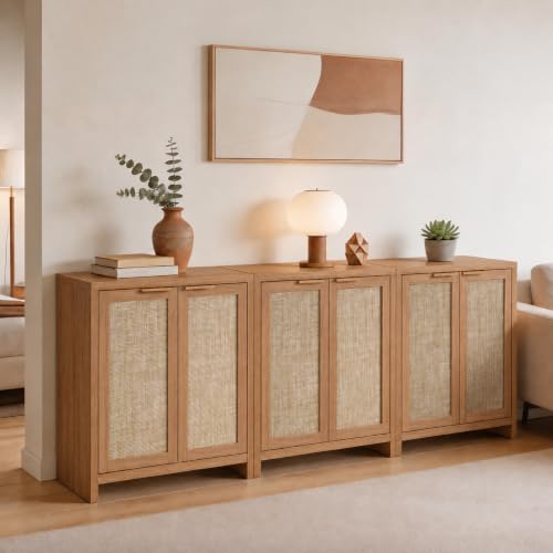 Image of OAKHAM HOME Rattan Sideboard Cabinet with Storage, Natural Oak, Set of 3 | Buffet Cabinet with 2 Soft-Close Doors, Adjustable Shelves and 110 lbs Top, For Living Room, Kitchen, Entryway