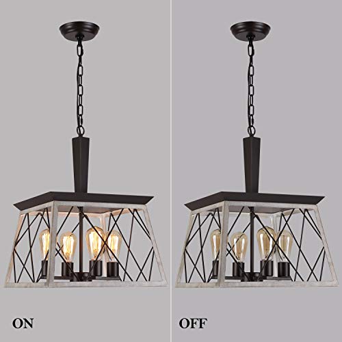 Q&S Farmhouse Vintage Chandelier, Rustic Pendant Light,Industrial Hanging Light Fixture for Dining Room Kitchen Island,Wrought Iron,ORB+Oak White 4 Lights E26 UL Listed - Image 3
