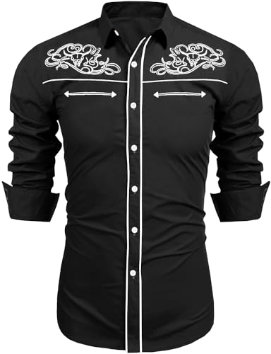 Runcati Mens Western Cowboy Shirt Button Down Long Sleeve Embroidered Casual Slim Fit Vintage Dress Shirts