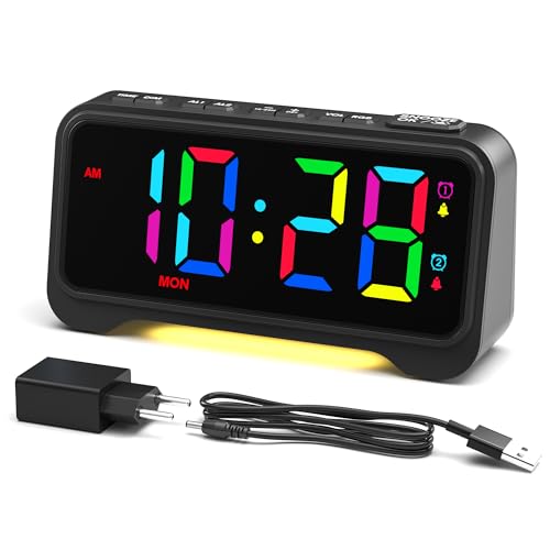 ROCAM LED Wecker Digital mit Großen Zahlen, Nachttisch Wecker mit Typ-C & USB-Ladeanschluss, Dualer Alarm, 12/24H, Snooze, Wochenendmodus, Digital Uhr für Schlafzimmer, Teenager, Senioren