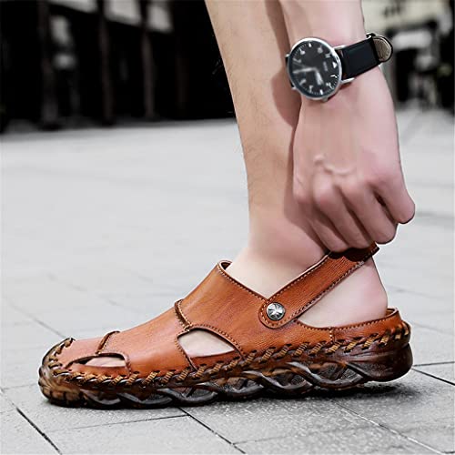 Men Casual Sandals Breathable Genuine Leather Hiking Sandals Men Handmade Outdoor Beach Shoes Non-Slip(D,41 Code)4