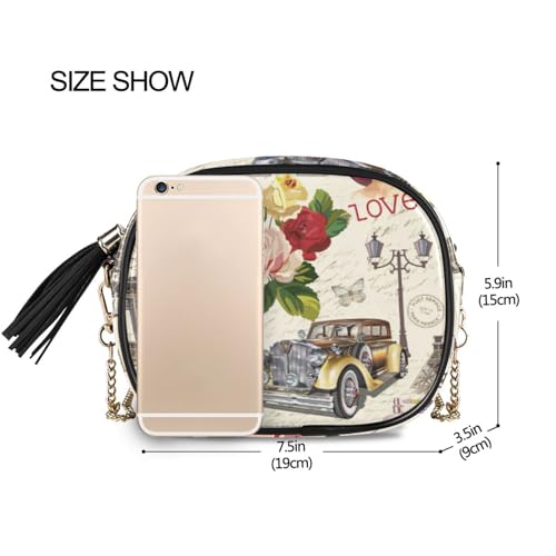 OTVEE Small Crossbody Bag Vintage Paris Retro Car Roses Womens Shoulder Chain Bag PU Leather Small Purse With Tassel3