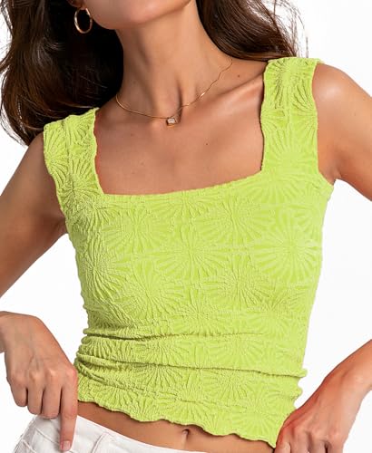 Free People Dupe Tank Tops for Women Square Neck Crop Tops Flower Embroidery Going Out Tops Slim Fit Crop Cami Tops Bright Yellow,XS/S