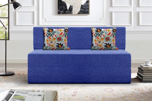 Image of Los Angeles Foldable Two Seater Sofa Cum Bed, Sofa Bed 4 X 6 Feet Jute Fabric Washable Cover- Including Cushion Perfect for Living Room - Blue