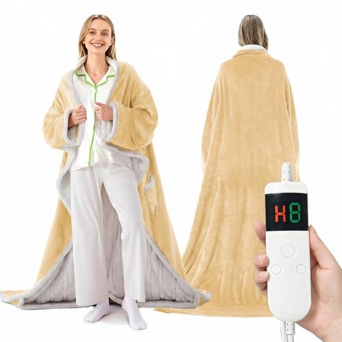 Image of Wearable Heated Blanket With Sleeves & Foot Pocket, Heated Throw Blankets Fast Heating Blanket With 10 Heat Settings Auto Shut Off Over-Heat Protection-Warm Gift, Machine Washable, 52 inch*72 inch+18 inch