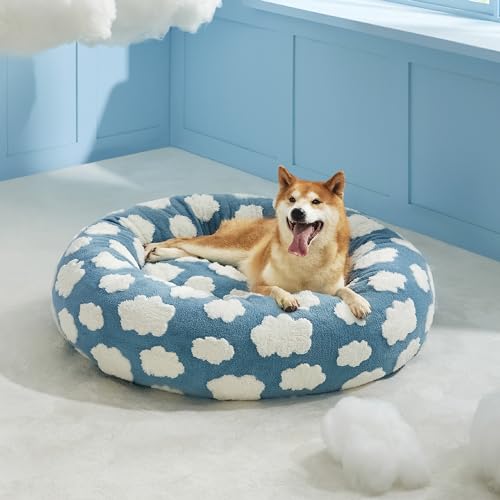 Image of Lesure Shown on TV Donut Dog Beds Large Size Dog - XL Calming Round Sofa as Present for Pets with Washable Cover, Orthopedic Home Decor Bed with Jacquard Shaggy Plush & Anti Slip Bottom, 36 Inch,Blue