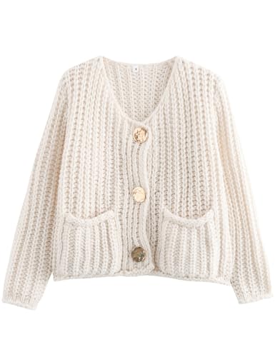Wyeysyt Women's Cropped Cardigan Sweater Button Down Long Sleeve Chunky Knit Sweater Coat