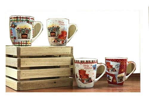 All For You X972 Christmas New Bone China Mug with Christmas Gift Prints Santa -Set of 4, 12 Oz, Gift Box (4 Piece Assorted Color)