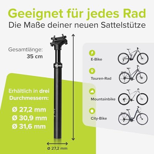VELMIA Federsattelstütze 27.2-31.6mm - Aluminium gefederte Sattelstütze mit Federung - Für alle Fahrradtypen - Entlastung der Wirbelsäule, einfache Montage I Langlebige sattelstütze gefedert