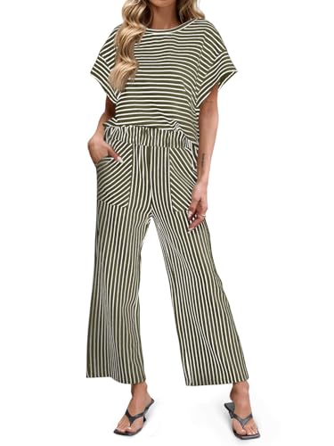 Image of Tankaneo Womens Striped 2 Piece Sets Short Sleeve T Shirts Wide Leg Pants Matching Lounge Set with Pockets