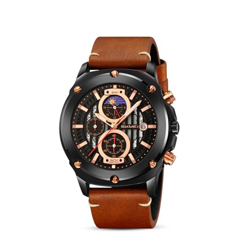SKMEI Men’s Quartz Analog Chronograph Watch, Moon Phase Display Black Dial Case Men's Watch, Leather Brown Band, Stopwatch, Waterproof 30M, Fashion Wristwatch for Casual & Formal Wear - 9351