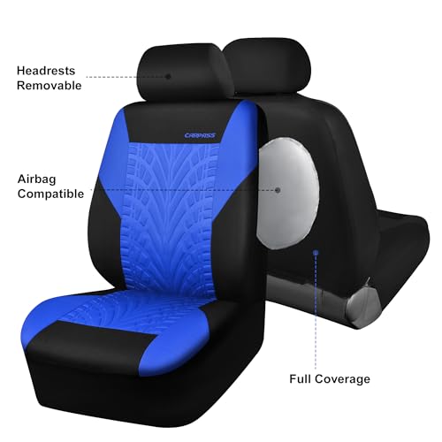 Image of CAR PASS Car Seat Covers Two Front Only for Car, 3D Tyre Print Automotive Interior Covers, Airbag Compatible, Quick Setup Universal Fit Seat Covers for Car, Truck, SUV(Black and Blue)