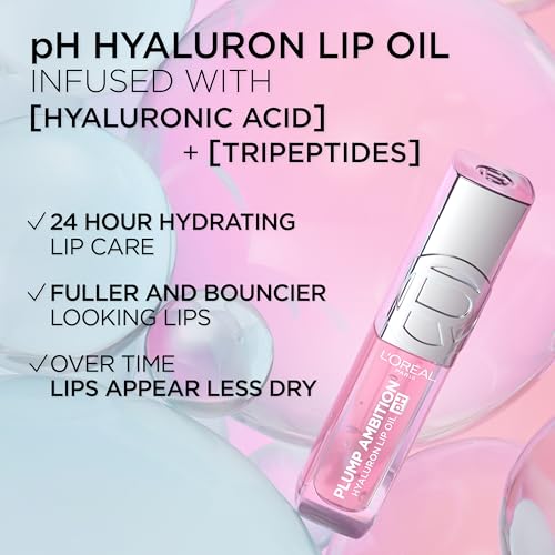 L'Oreal Paris Plump Ambition pH Hyaluron Lip Oil, Color Shifting Lip Tint with 24HR Hydration, Volumizing Shine and Lasting Color, 090 pH Berry Noir