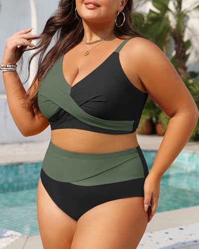 Image of Tempt Me Plus Size High Waisted Two Piece Swimsuit Color Block Bikini Set | Removable Padded Cups for Large Bust, Twist front Design, Color Block Style, Adjustable Straps