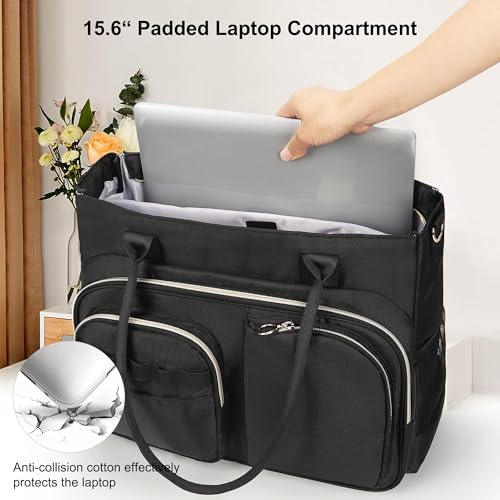 Laptop Tote Bag for Women, 15.6-Inch Teacher Tote Bag with Compartments, Lightweight Nurse Work Bag with Detachable Strap, Black Shoulder Bags for Travel, College, Business Trip2