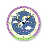 Faramosa Kinderwanduhr Lernuhr Einhorn Kinderuhr Mädchen Schule Wanduhr mit Namen Geschenk zur Einschulung lautlos