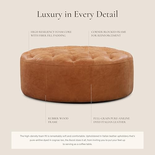 Image of POLY & BARK Ascot Ottoman - 40 inch Round Pouf with Feather-Down Topper - Full-Grain Leather Upholstered Pouf Ottoman for Living Room - Vintage Italian Leather in Cognac Tan