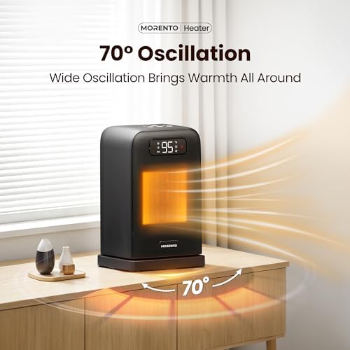 MORENTO Space Heater, 70° Oscillation, LED Display, 12H Timer, Thermostat, Overheat Protection, ECO, Small Space Heaters for Indoor Use, 1500W Ceramic, Heater for Bedroom, Office, Home (Black, 1 Pack) - 2