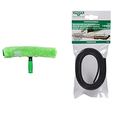 UNGER 79020 MicroStrip Window Washer Sleeve 35cm with ErgoTec T-bar Handle, Green & Window Cleaning Squeegee Blade Replacement - Soft Rubber 106cm Adjustable Size Strip