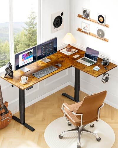 Image of HUANUO Dual Motor 63x40 inch L Shaped Electric Standing Desk with 3 Preset Heights, Electric Height Adjustable Computer Table, 2 Hooks & Cable Tray, Raising Desk for Home Office, Vintage Brown