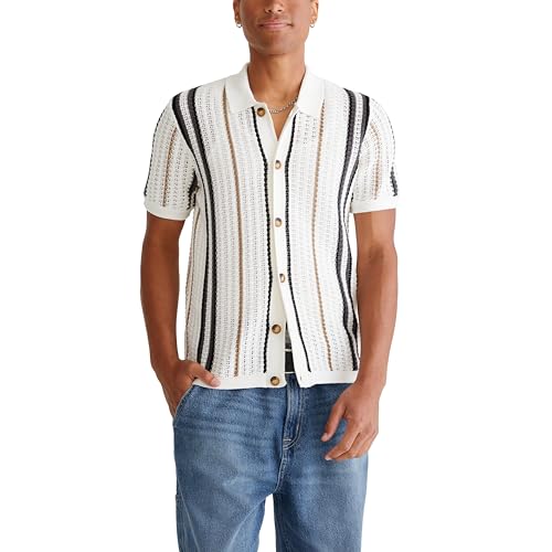 AEROPOSTALE Men's Striped Open-Knit Buttoned Sweater Polo, Beige
