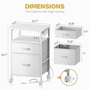Huuger File Cabinet with Power Outlets 2 Drawer Filing Cabinet Printer Stand with Storage Rolling File Cabinet with Lockable WheelsAdjustable Feet Open Shelf Wood Top White