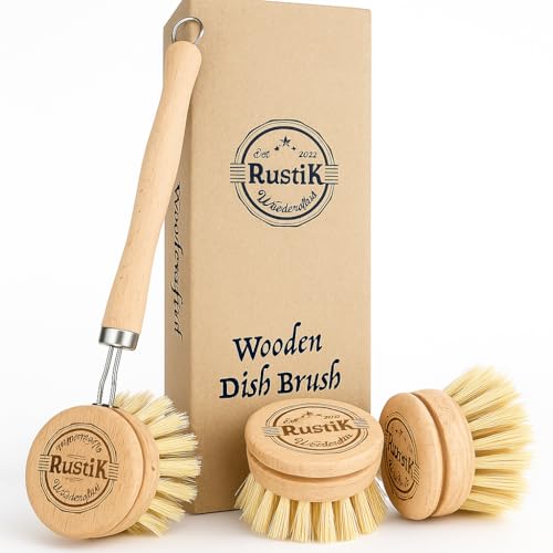 Wooden Dish Brush By RustiK, Eco Friendly, Sustaianable, Natural Wood Handle, Washing up Brush & 3 Medium Sisal bristle heads. Great for Kitchen, Camping, Cleaning or any Pot Washing.