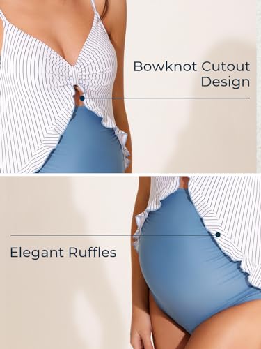 Summer Mae Maternity Swimsuit One Piece Ruffle Cutout Pregnancy Bathing Suit Lace Up Swimwear Blue Stripe X-Large - Image 4