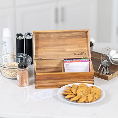 Beautiful Handcrafted Recipe Box Of Genuine Acacia Wood - Larger Size Holds 500 4X6 Cards In 2 Rows. Includes 50 Cards, 15 Dividers, Grooved Lid Display. Protected With Mineral Varnish. Ideal Gift #TOP7