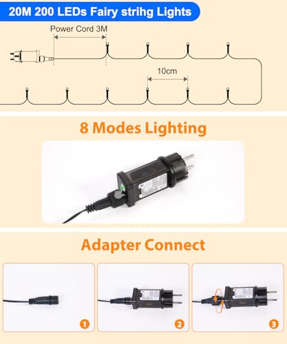 LED Lichterkette Außen 20M 200LED Warmweiß, Strombetrieben mit Stecker, 8 Modi & Timer mit Fernbedienung und Speicherfunktion, IP44 Wasserdicht für Innen Außen Garten Balkon Hochzeit Weihnachten Party
