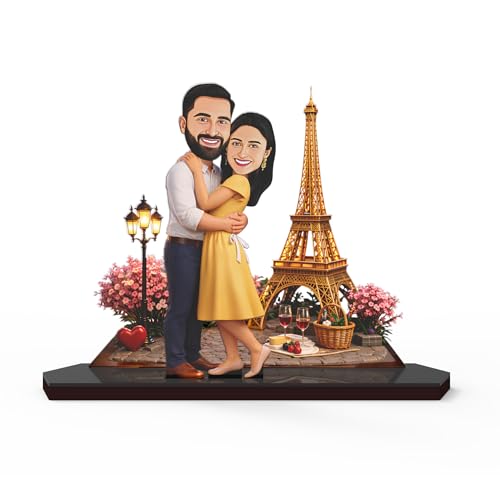 Image of Wood Rectangular Personalized Caricature Gift for Couple, 7 Inches, Tabletop Multicolor, Art Deco Style (Couple 11)