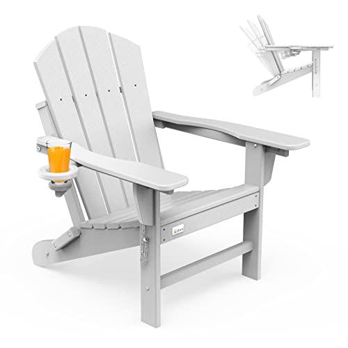Mdeam Folding Adirondack Chair Adjustable Backrest With Cup Holder, Fire Pit Chairs,Hdpe All Weather For Patio Lawn Outdoor,White #TOP4