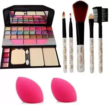 BELLAS Tya 6155 Multicolour Makeup Kit with 5 White Makeup Brushes Set and 2 Pink Makeup Puffs - (Pack of 8)