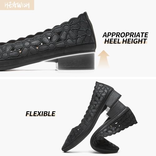 Image of HEAWISH Women's Women's Flats Shoes Ballet Flats for Women,Black Flats Floral Dress Shoes with Heel,Pu Leather Flats Shoes Women Dressy Comfortable Slip on Loafer